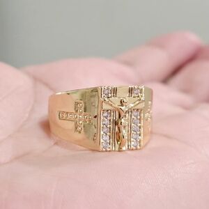 Gold Men's Crucifix Ring with Clear Accent Stones